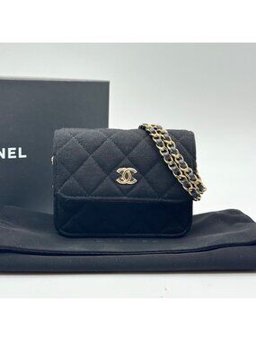 Chanel Shoulder Bag Mini Quilted Cotton Black Gold CC Logo Chain